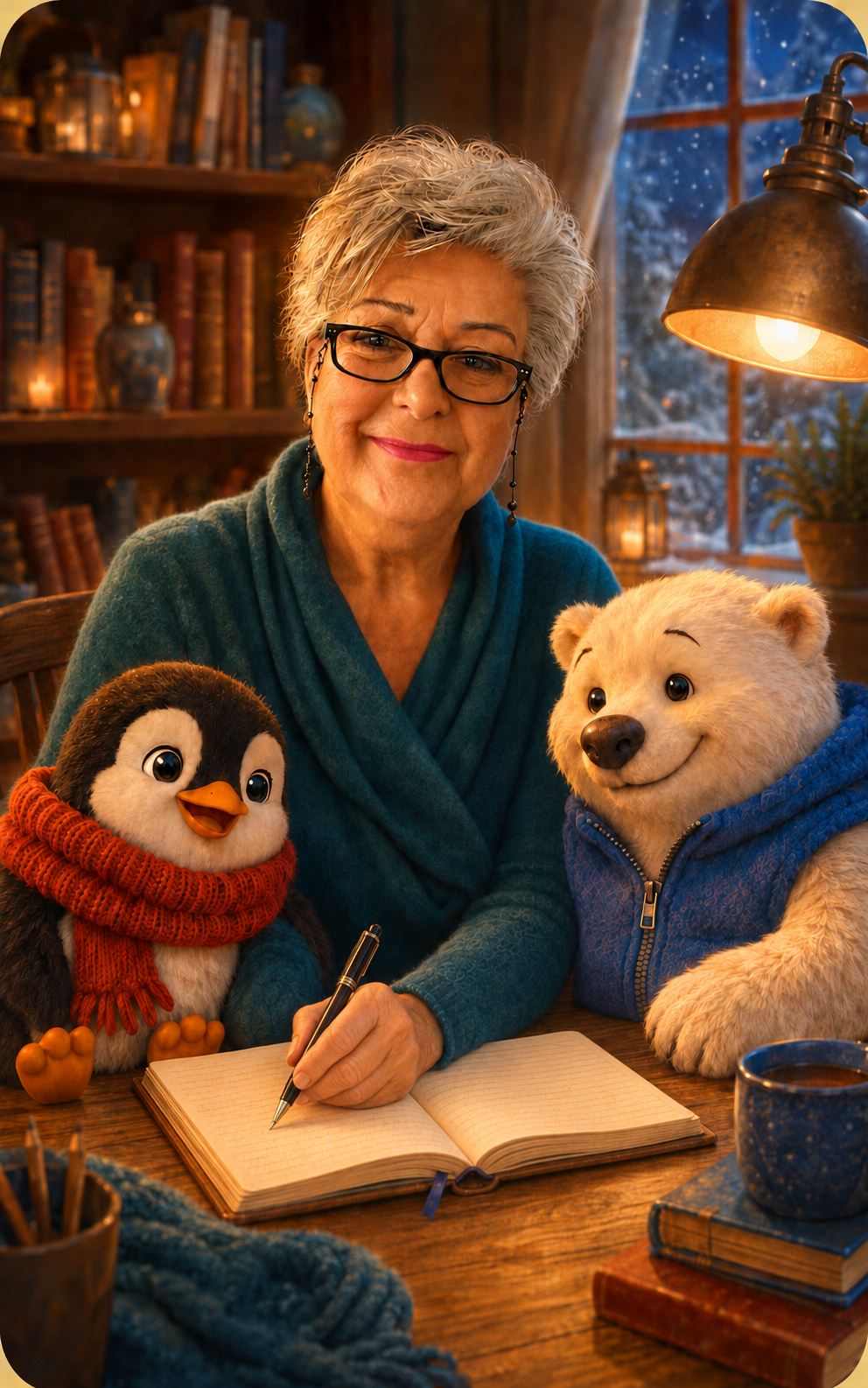 Jan writing a Percy and Bertie story with Percy Penguin and Bertie Polar Bear beside her.
