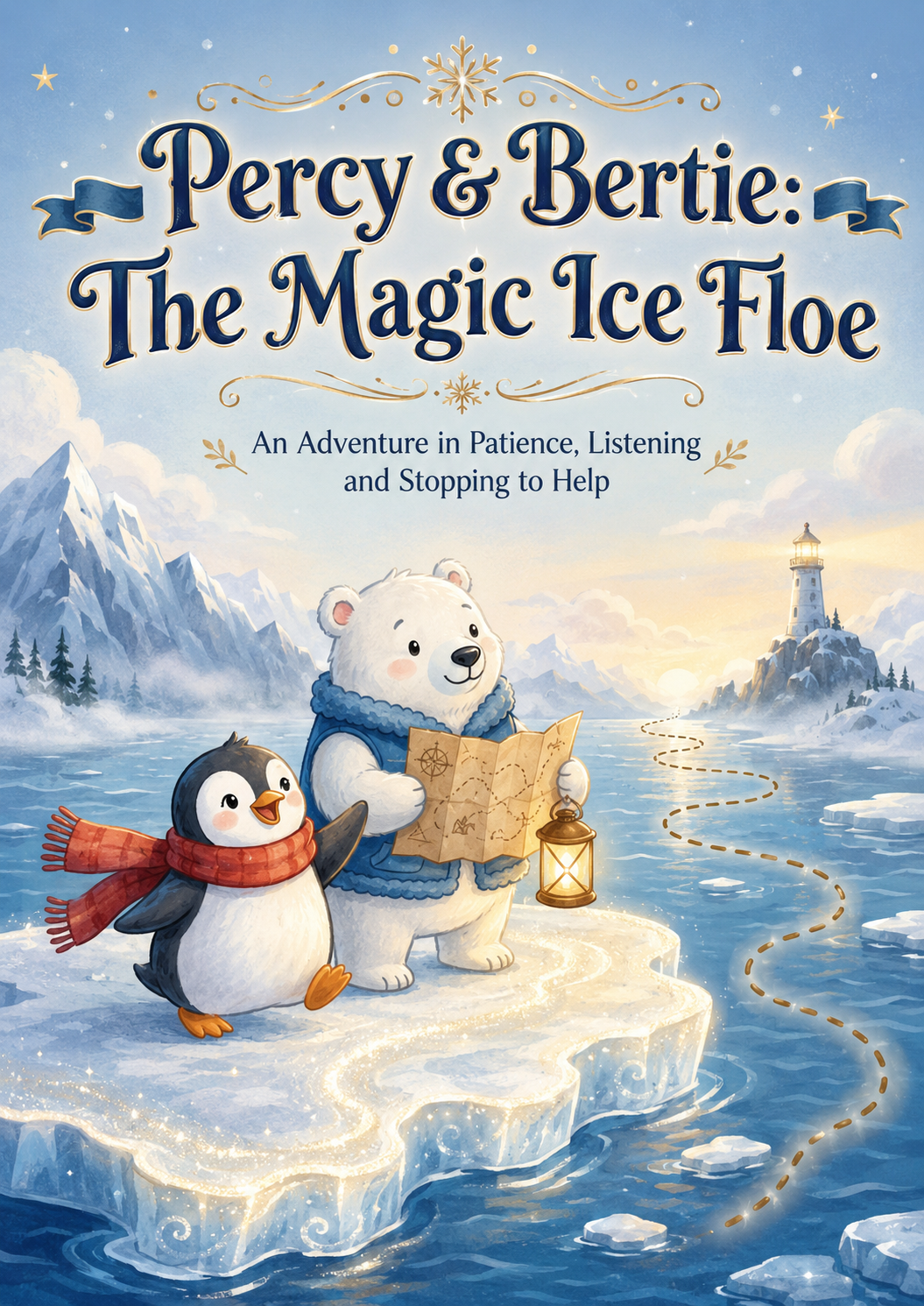 Front cover of Percy & Bertie: The Magic Ice Floe, showing Percy and Bertie reading a map on a glowing ice floe with a lighthouse in the distance.