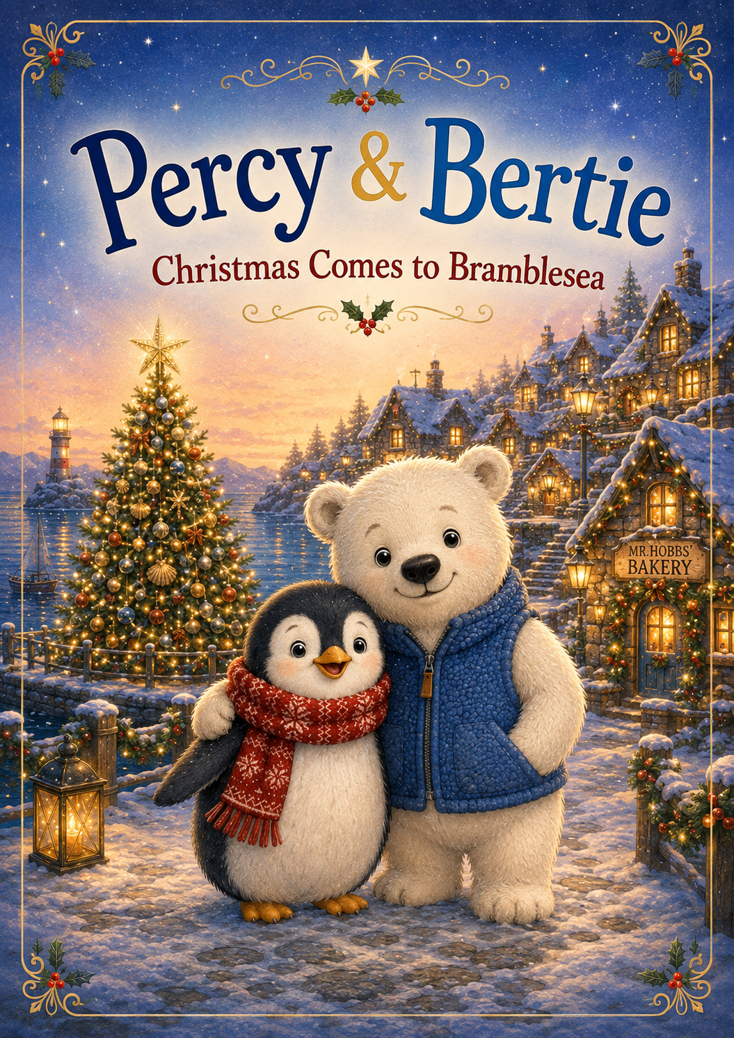 Front cover of Percy & Bertie: Christmas Comes to Bramblesea, showing Percy and Bertie in a snowy lantern-lit village beside a decorated Christmas tree and harbour.