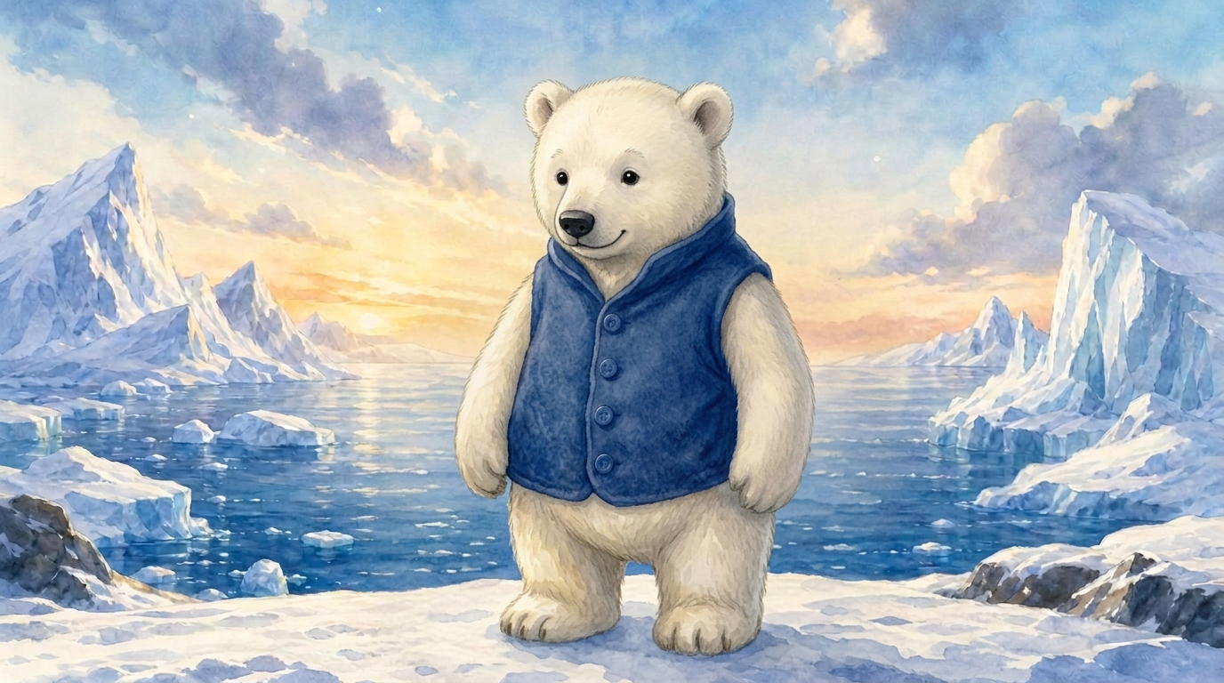 Illustration of Bertie, a friendly polar bear wearing a blue fleece waistcoat