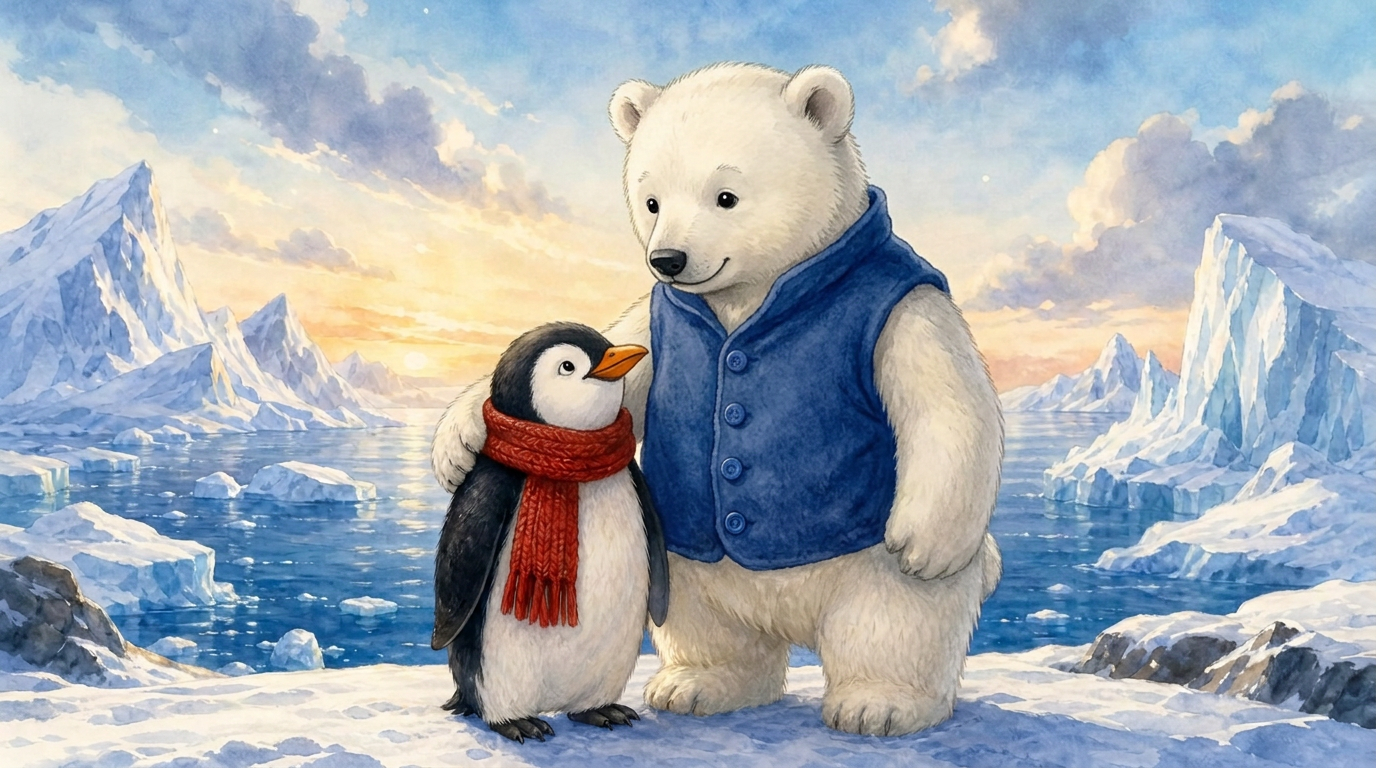 Percy the penguin in his red knitted scarf standing beside Bertie the polar bear in his blue fleece waistcoat on the snow at the South Pole