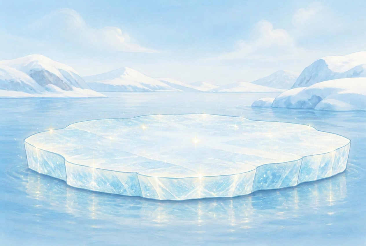 Illustration of the Magic Ice Floe, a glowing pale-blue ice floe drifting on calm polar water