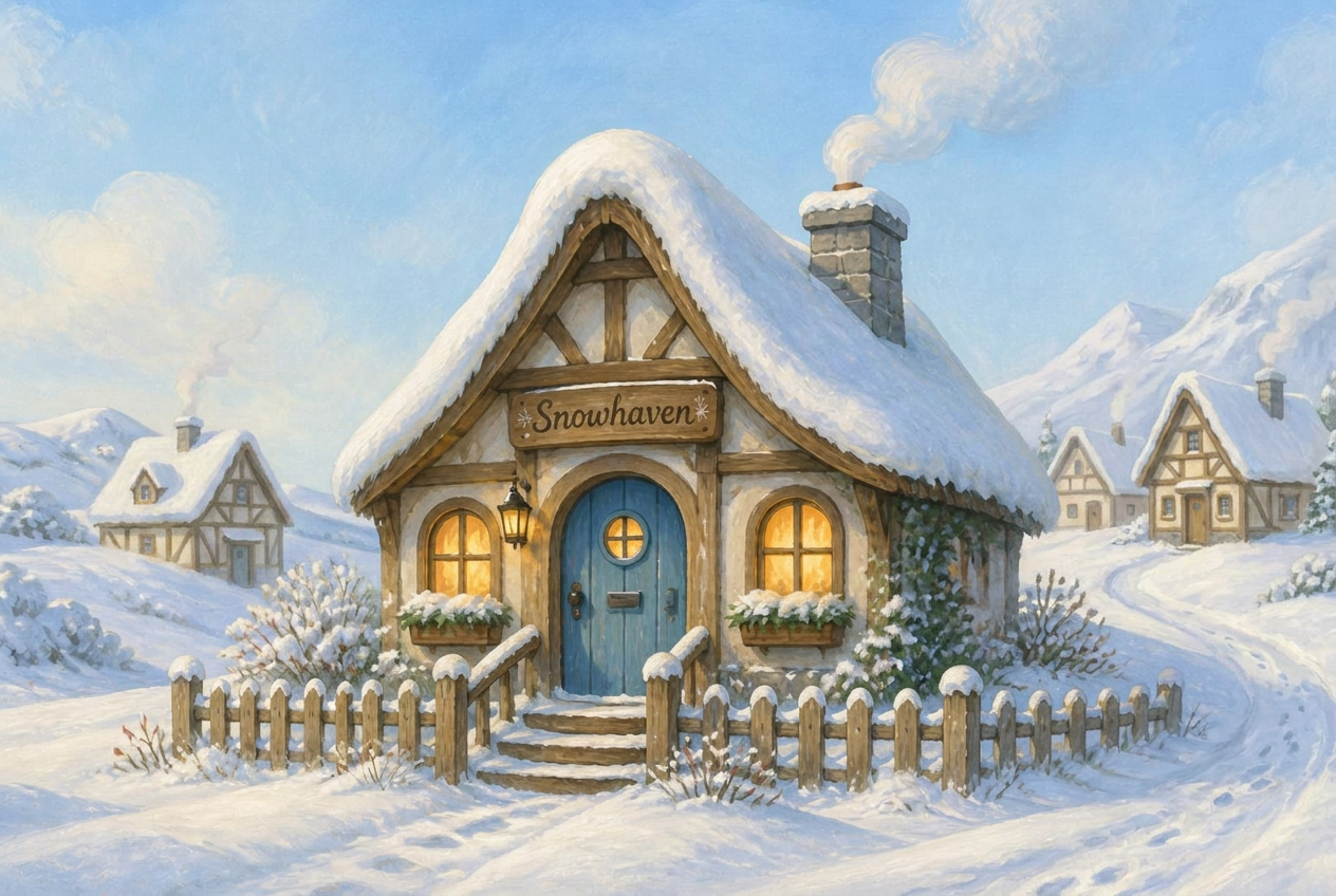 Illustration of Snowhaven, Percy and Bertie's snow-topped cottage with glowing golden windows and a little front fence, with neighbouring village cottages nearby